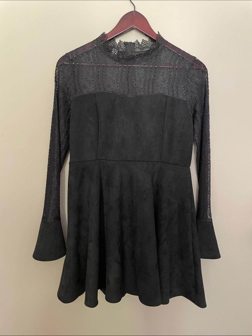 Black Lace Yoke Fit-and-Flare Faux Suede Dress